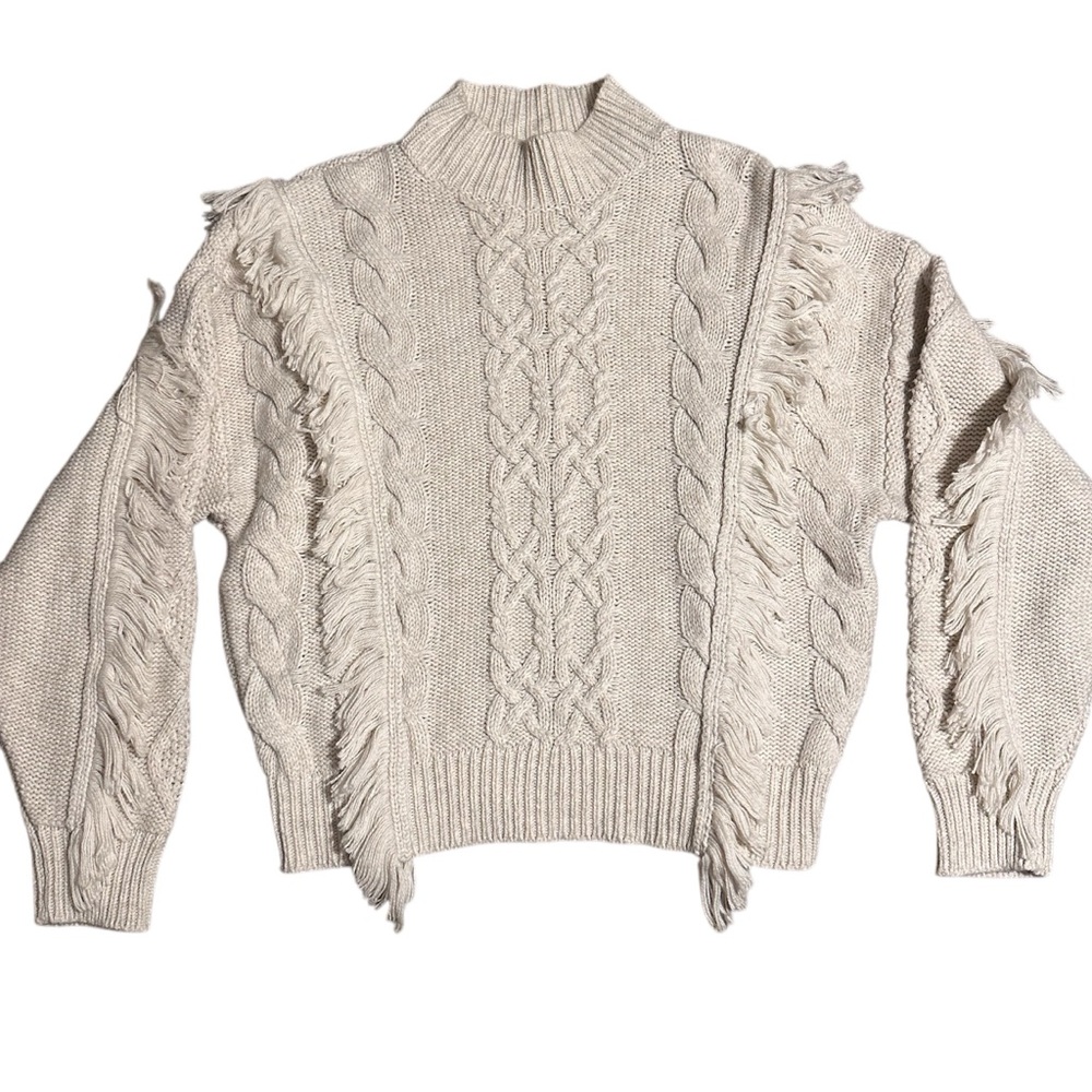 NWT Leith Cable Knit Fringe Mock Neck Sweater